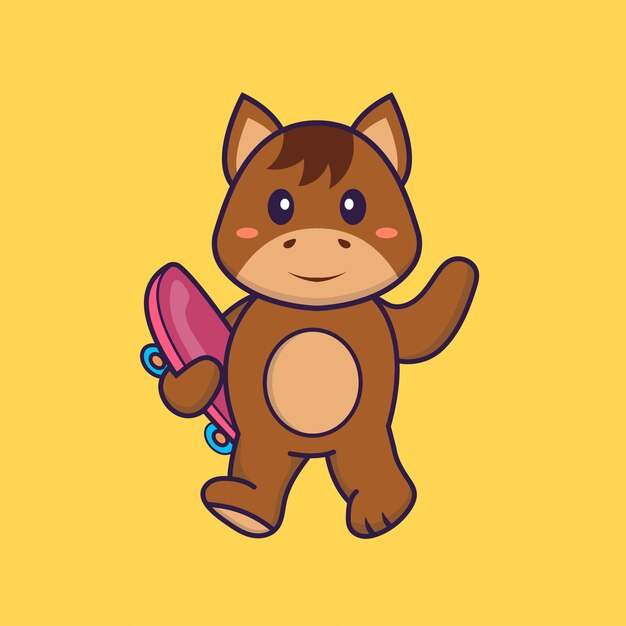 Vector cute horse holding a skateboard animal cartoon concept isolated