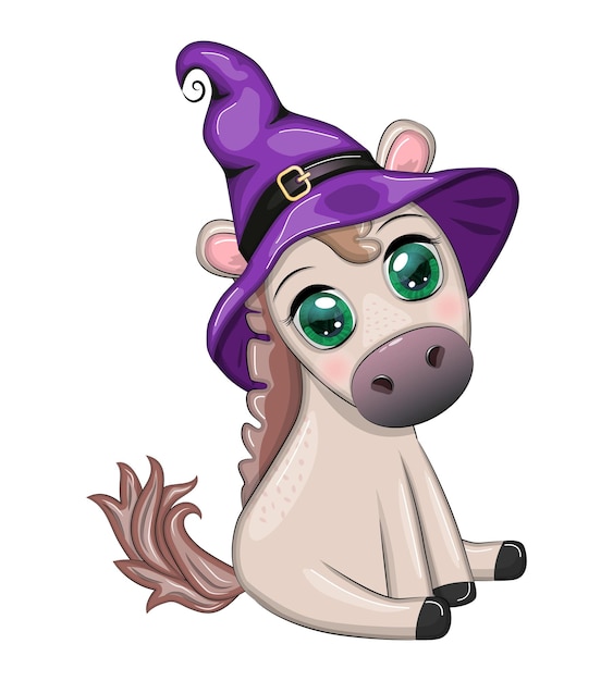 Cute horse pony in a purple witch hat with a broom pumpkin potion Halloween card for the holiday