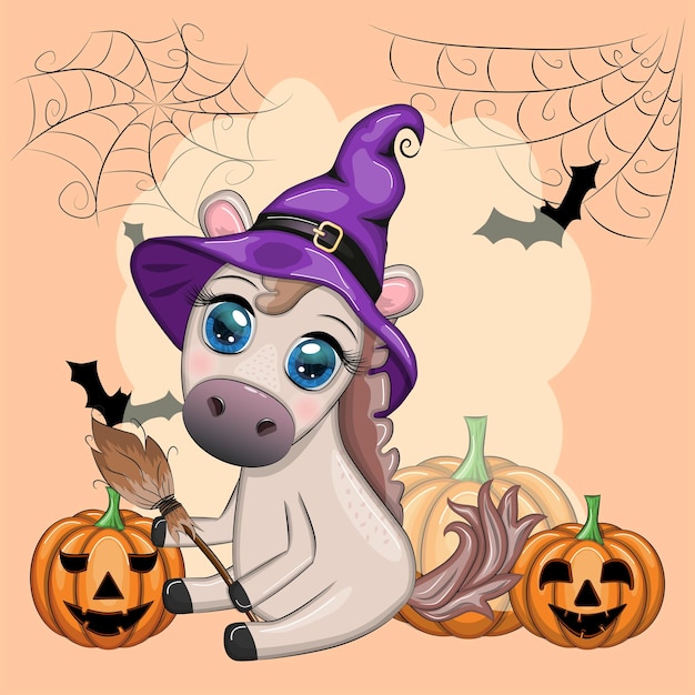 Cute horse pony in a purple witch hat with a broom pumpkin potion Halloween card for the holiday