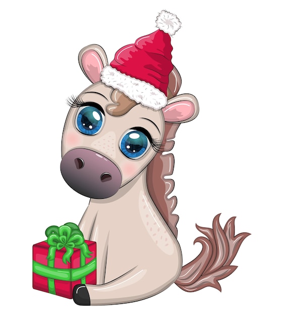 Cute horse pony in Santa's hat with candy kane Christmas ball gift ice skating Winter Christmas