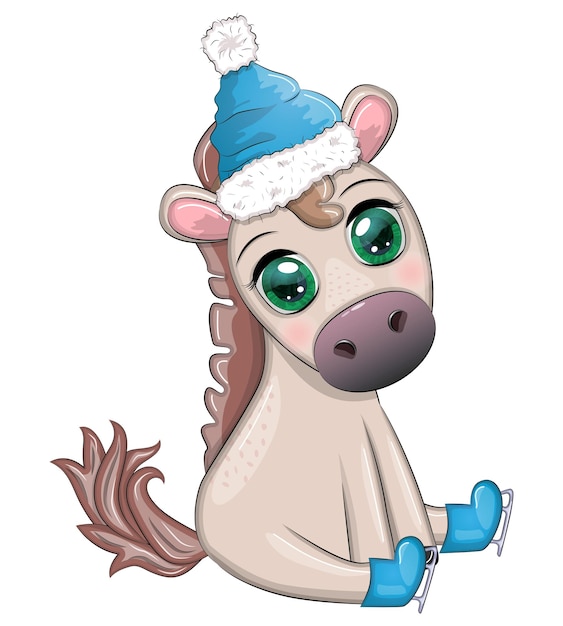 Simpatico cavallo pony con cappello di babbo natale con candy kane palla di natale regalo pattinaggio su ghiaccio inverno natale