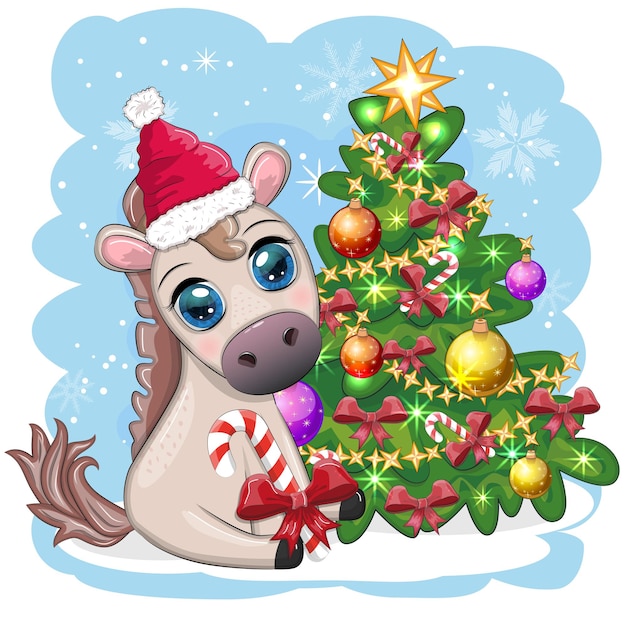 Cute horse pony in Santa's hat with candy kane Christmas ball gift ice skating Winter is coming