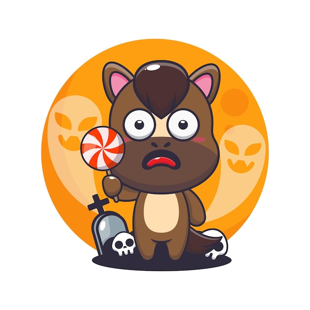 ハロウィーンの日に幽霊に怖がるかわいい馬