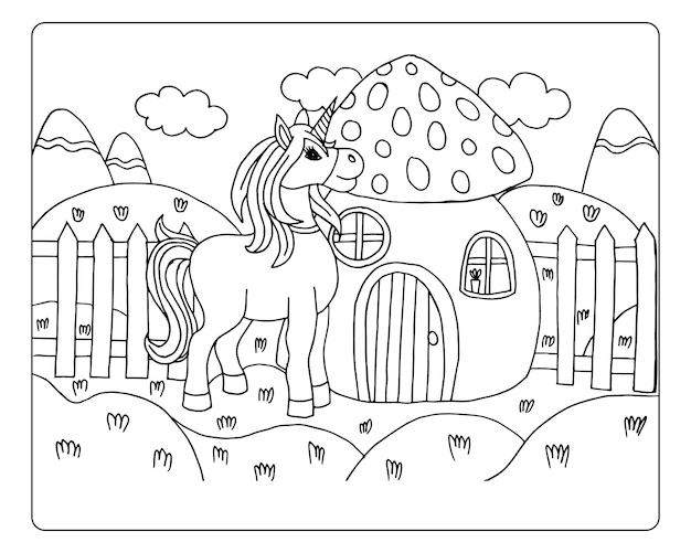 자연 배경 스케치에 귀여운 말 유니콘과 환상의 버섯 집