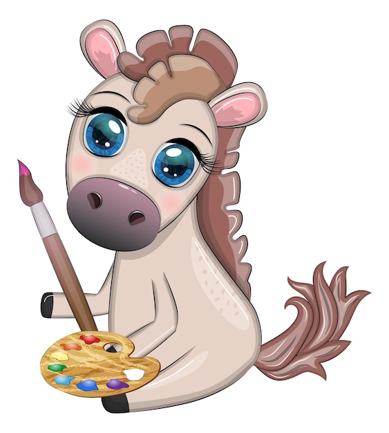 Cute horse with paint palette and brush artist character children's illustration