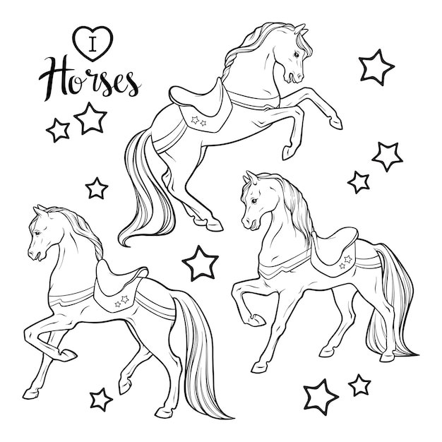 Vector cute horses and stars set isolated vector illustration coloring book pages for adults and kids