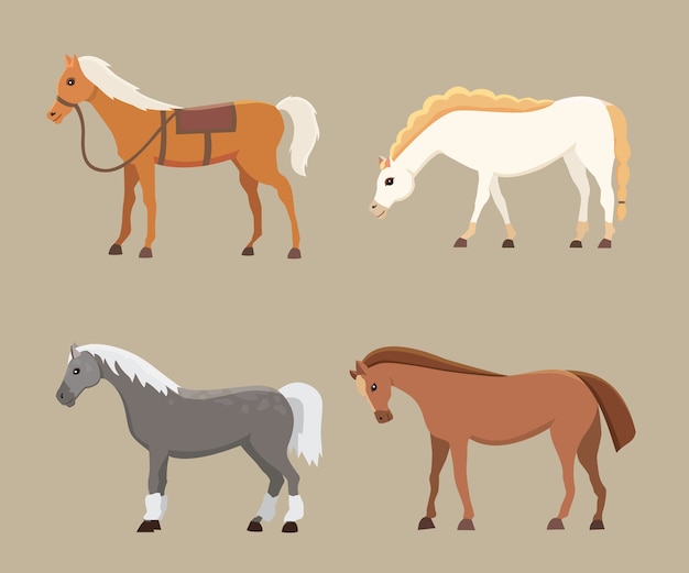 Vector cute horses in various poses  . cartoon farm wild isolated horse and different silhouette of  pony