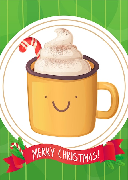 Cute hot chocolate with whipped cream and candy cane christmas greeting card