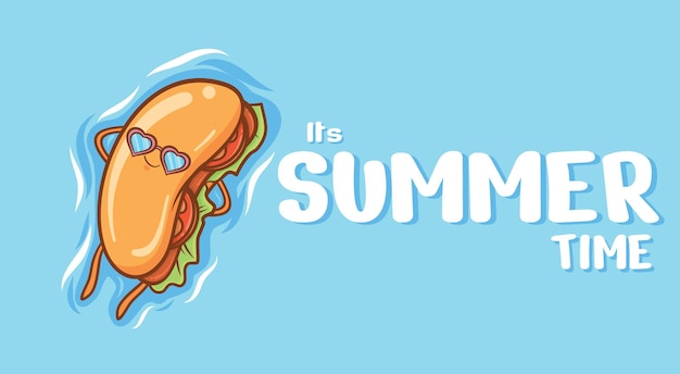 Cute hot dog floating relax with a summer greeting banner