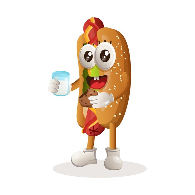 Cute hotdog mascot drink milk and eat cookie