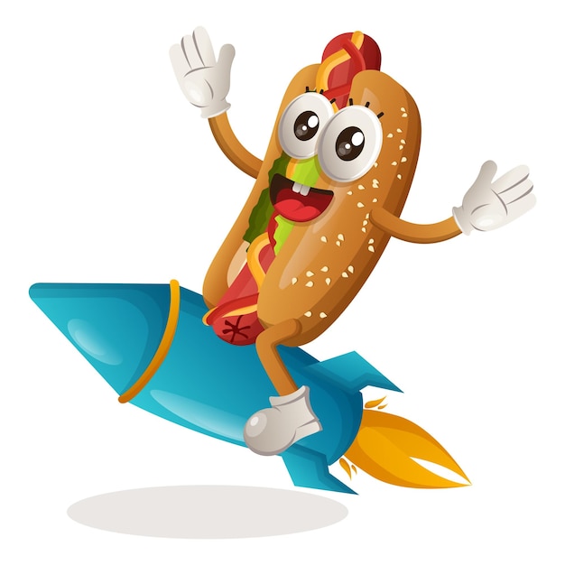 Cute hotdog mascot flying on rocket