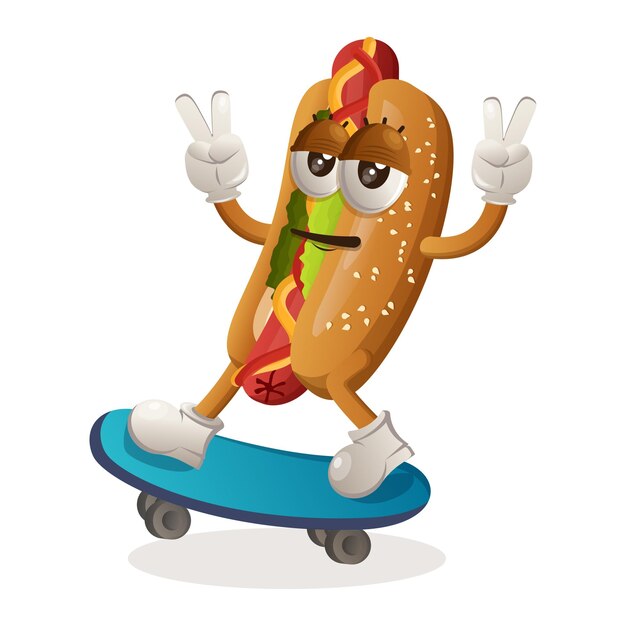 Vector cute hotdog mascot playing skateboard skateboarding