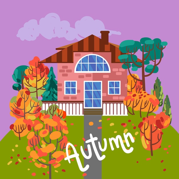 A cute house among autumn bright trees Beautiful vector illustration