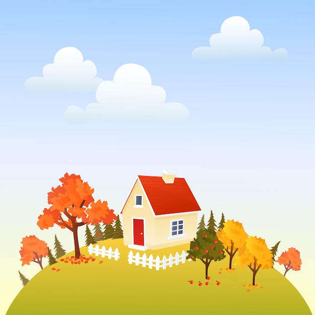 Cute house on autumn hill with apple trees in fall time