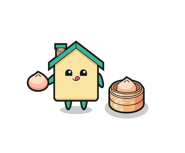 Cute house character eating steamed buns