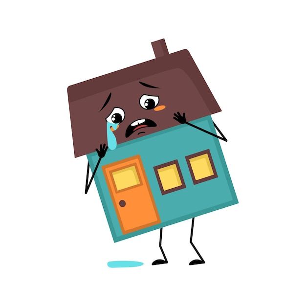 Vector cute house character with crying and tears emotion sad face depressive eyes arms and legs building man with melancholy expression funny cottage vector flat illustration