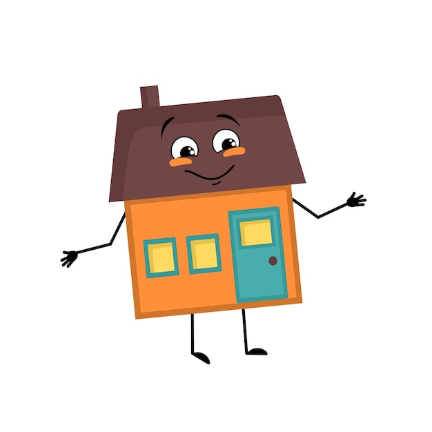 Cute house character with happy emotions joyful face smile eyes arms and legs Building man with funny expression funny cottage Vector flat illustration