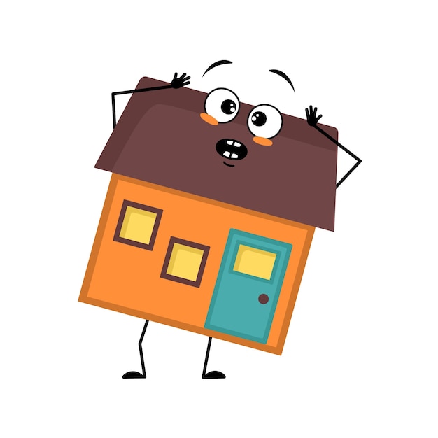 Cute house character with panic emotions surprised face shocked\
eyes arms and legs building man with scared expression funny\
cottage vector flat illustration