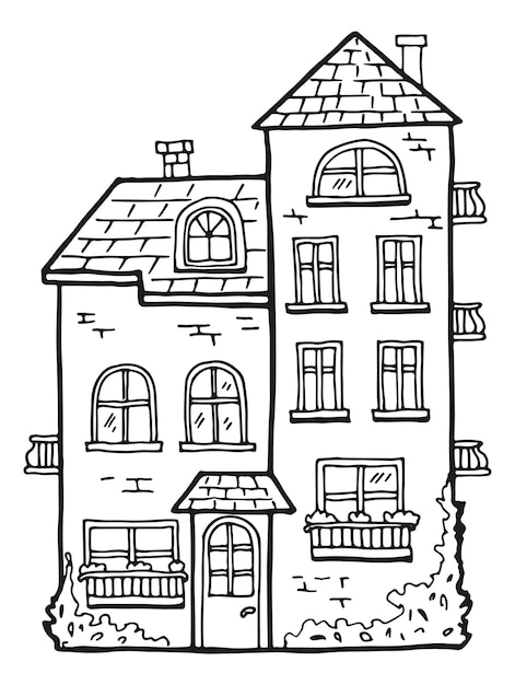 Vector cute house facade with tiled roof and chimney doodle