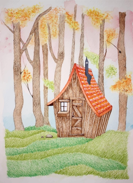 Vector cute house in the forest