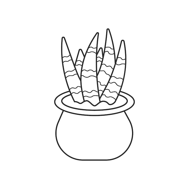 Cute house plant in pot in black linear drawing style