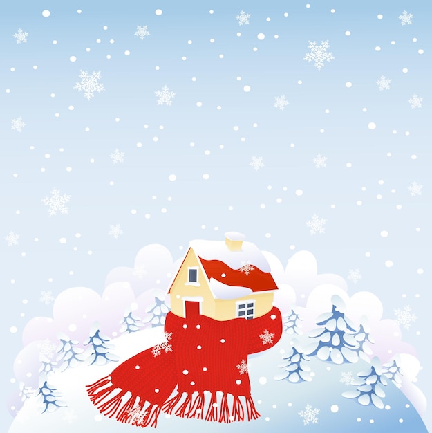 Vector cute house wrapped in red warm scarf on snowing hill