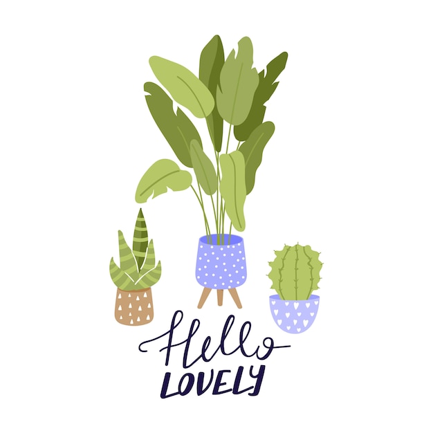 Cute houseplants growing in pots with creative typography.