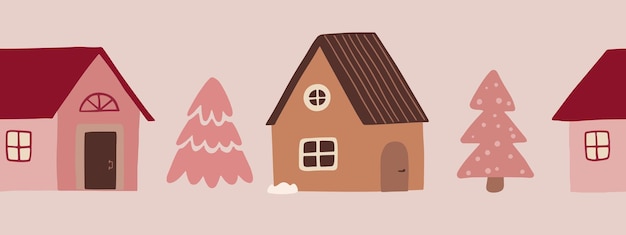 Cute houses and trees seamless border Boho hand drawn art Vector illustration