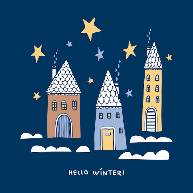 Vector cute houses in winter under snow element for christmas greeting card illustration 2