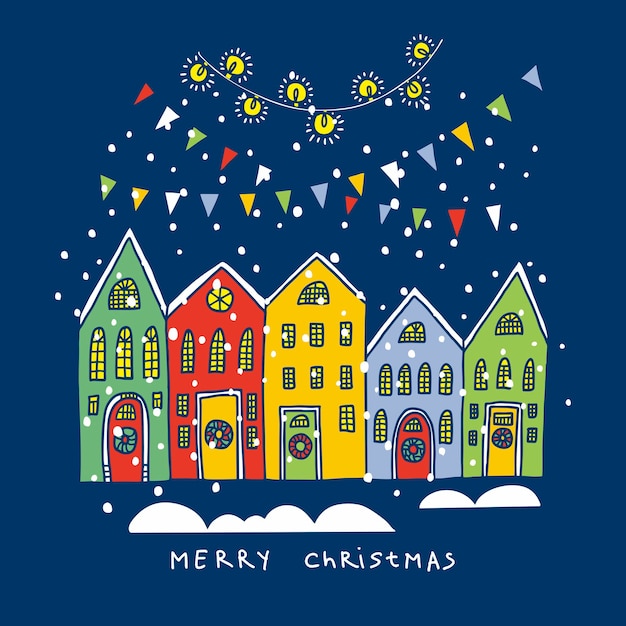 Vector cute houses in winter under snow element for christmas greeting card illustration