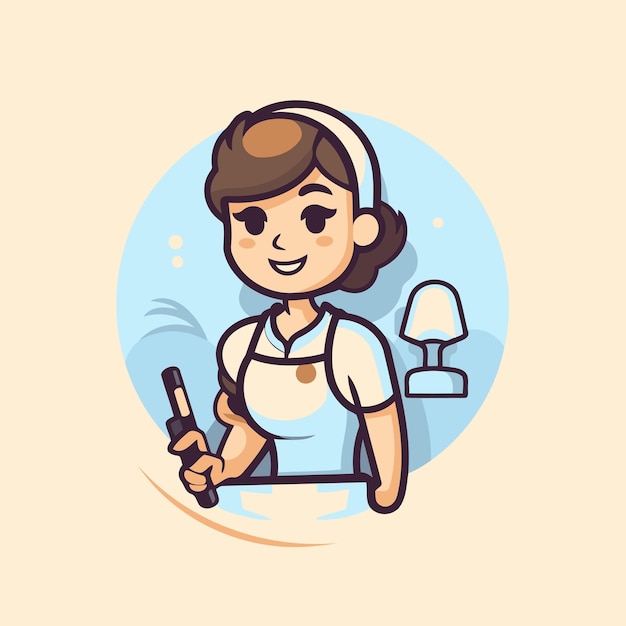 Cute housewife cartoon character vector illustration Housewife in white apron and apron holding a rolling pin
