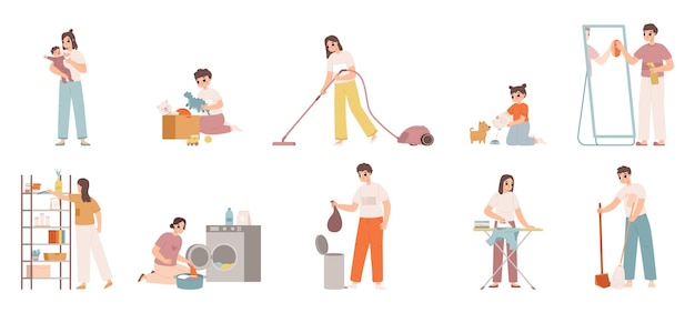 Cute housewives character Young woman cleaning house girl doing housework Isolated cartoon housekeeper and nanny cooking and clean snugly vector set