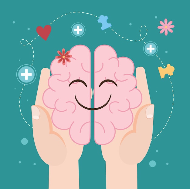 Vector cute human brain in hands cartoon