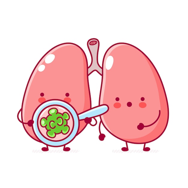 Симпатичный персонаж органа легких человека смотрит на бактерии в лупу
