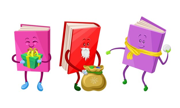 Vector cute humanized books in hard cover playing snowballs and holding gift box vector set