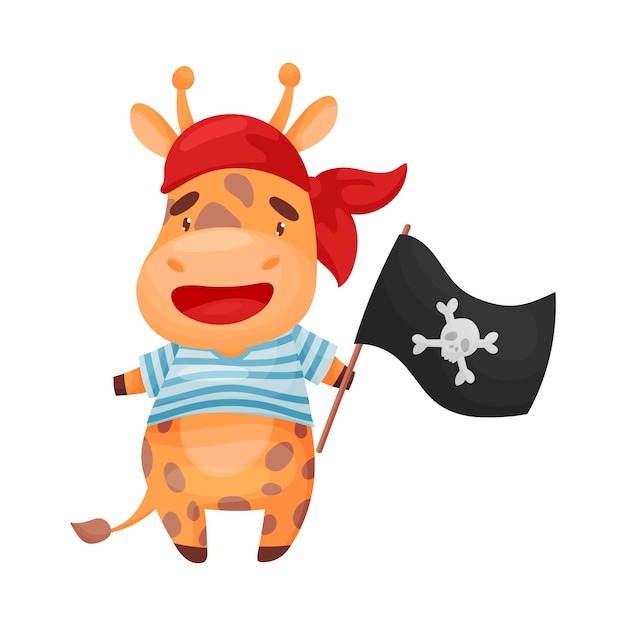 Cute humanized giraffe in a pirate costume holding a black flag Vector illustration on white background