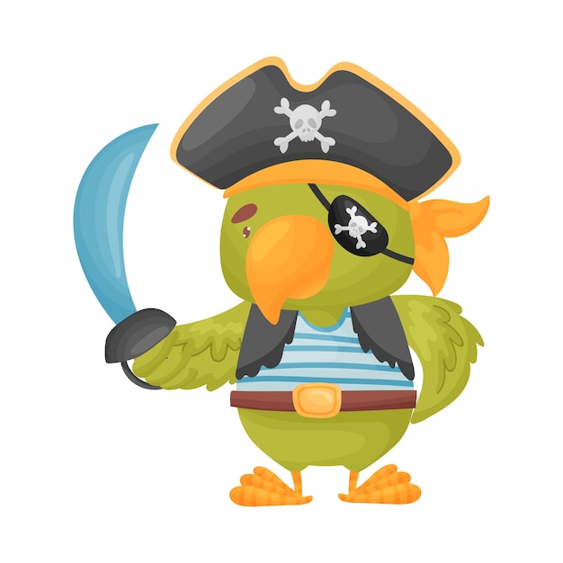 Симпатичный гуманизированный попугай в пиратском костюме с векторной иллюстрацией сабли на белом фоне