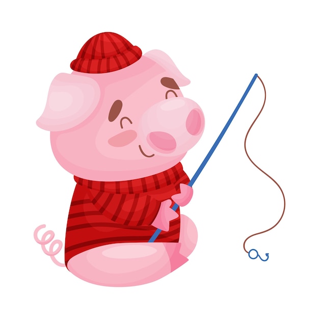Premium Vector  Cute humanized pig fisherman with a fishing rod