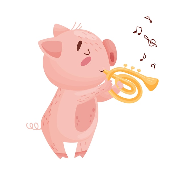 Cute humanized pig plays the trumpet vector illustration on white background