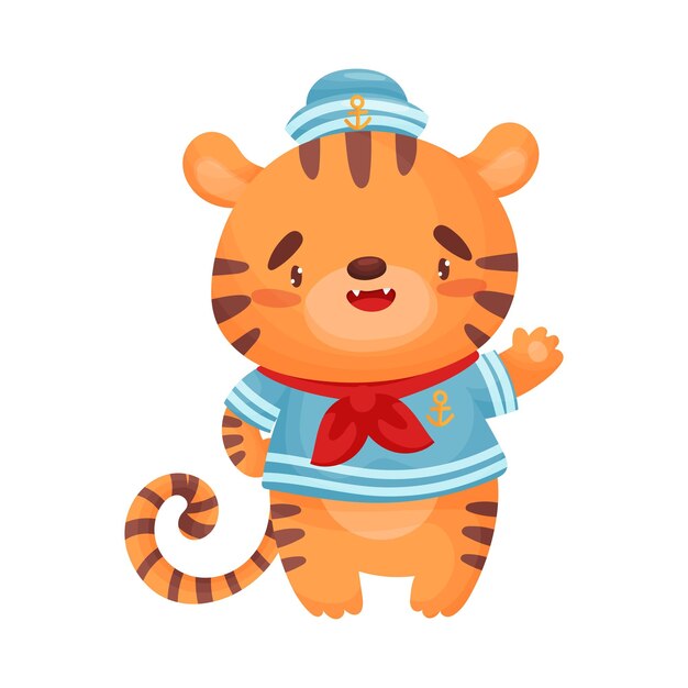 Cute humanized tiger waving his hand Vector illustration on white background