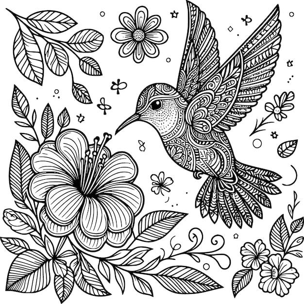 Vettore pagina da colorare per uccello colibrì carino