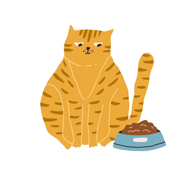 Vector cute hungry cat looking at bowl with food isolated on white background. adorable big fat ginger kitty sitting near its feeder. hand-drawn colored flat vector illustration in doodle style.
