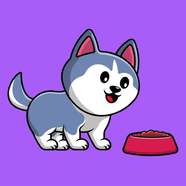 Cute husky dog eating dog food cartoon vector icon illustration