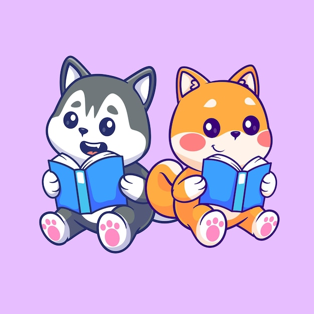 Cute husky dog and shiba inu dog reading book cartoon vector icon illustration animal education flat