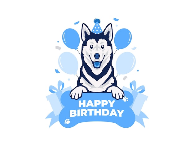 Simpatico cane husky che indossa un cappello di compleanno che celebra il compleanno con confezione regalo e palloncino