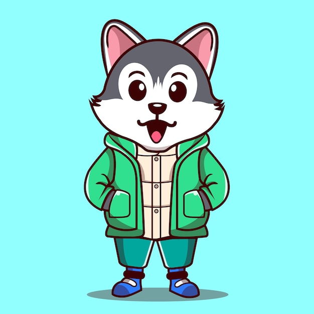 Vector cute husky dog wearing jacket cartoon vector illustration