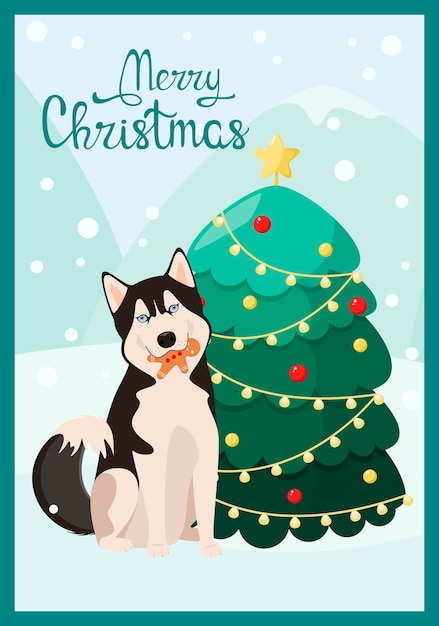 Cute husky gingerbread man. Christmas card with a dog.