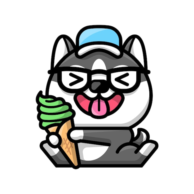 かわいいハスキーが抹茶アイスクリームのコーンを持っている 漫画のイラスト