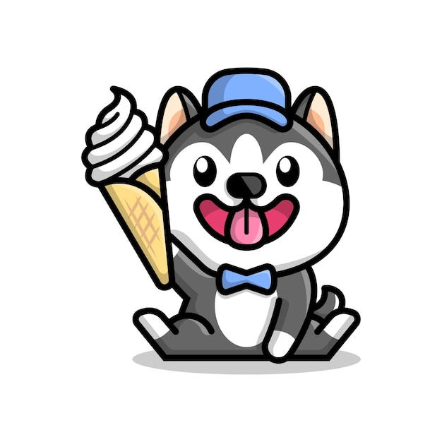 Vector cute husky is holding an ice cream cartoon illustration.