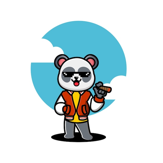 Cute hype panda wearing jacket cartoon vector icon illustration